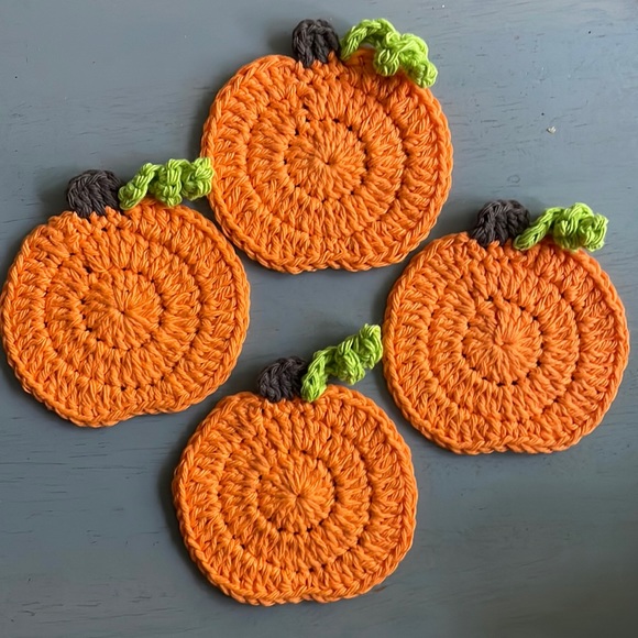 Handmade Crochet Coasters - Pumpkin Coaster Set of 4 - 100% Cotton - Picture 1 of 6
